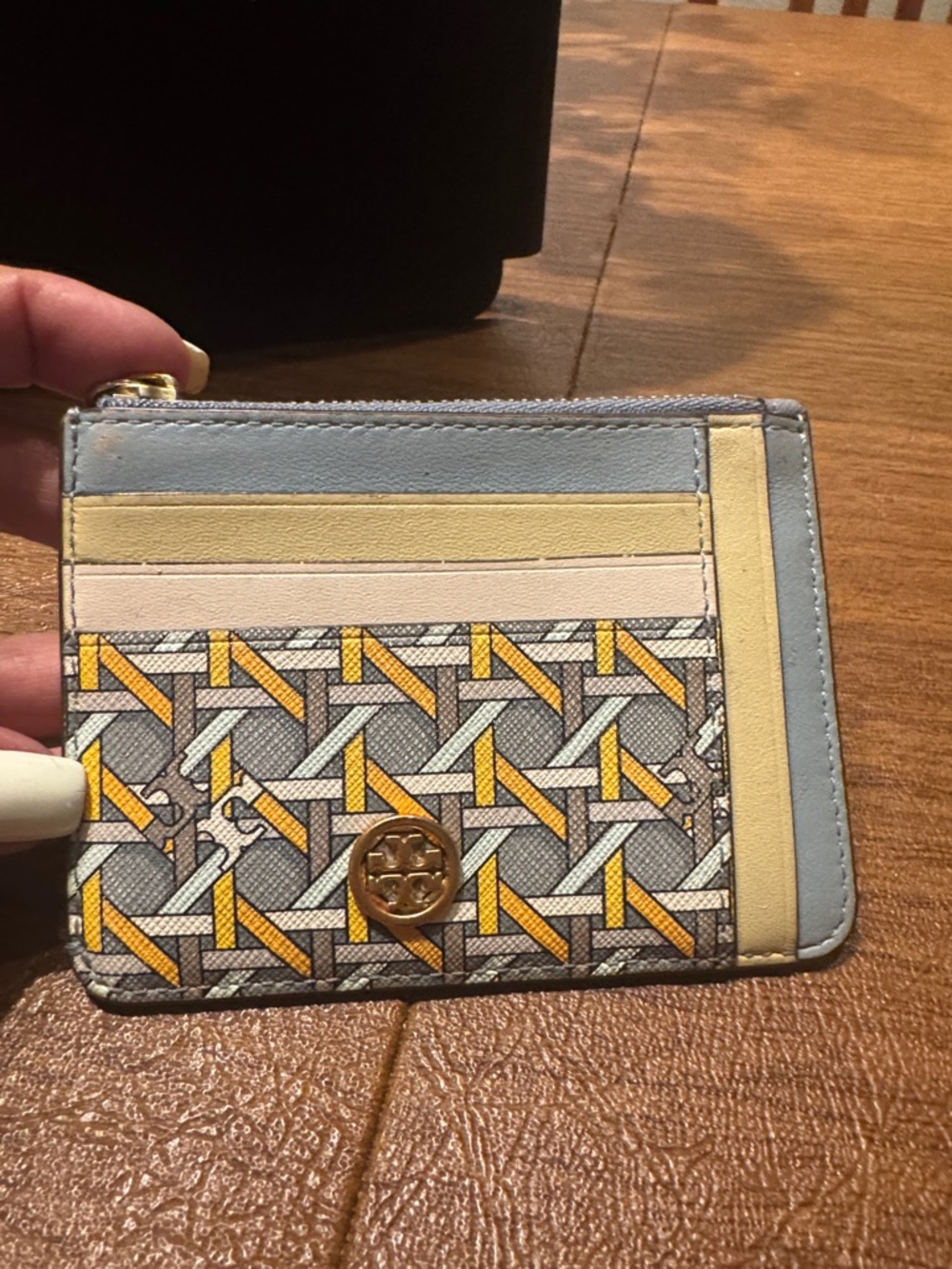 Tory Burch Pastel Blue, Pale Yellow & Gray Monogram Card Case